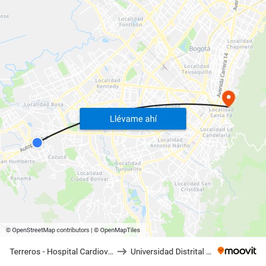 Terreros - Hospital Cardiovascular (Lado Norte) to Universidad Distrital Sede Macarena A map