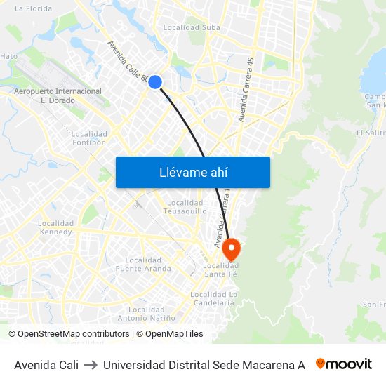 Avenida Cali to Universidad Distrital Sede Macarena A map