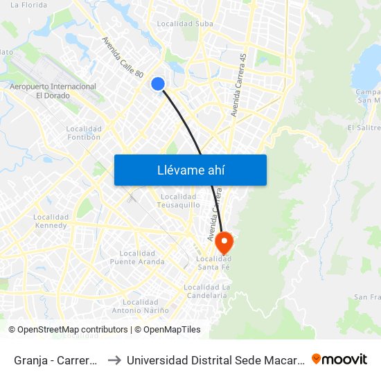 Granja - Carrera 77 to Universidad Distrital Sede Macarena A map