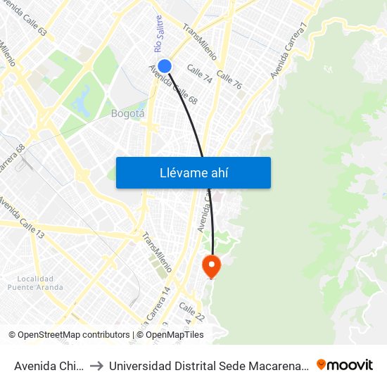 Avenida Chile to Universidad Distrital Sede Macarena A map