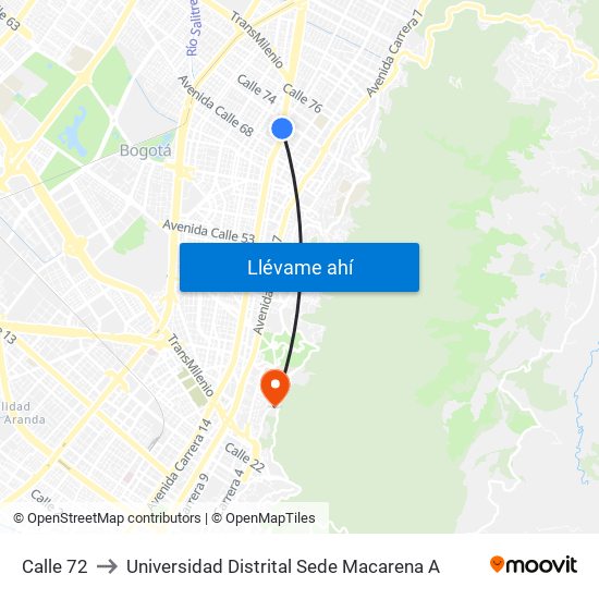 Calle 72 to Universidad Distrital Sede Macarena A map