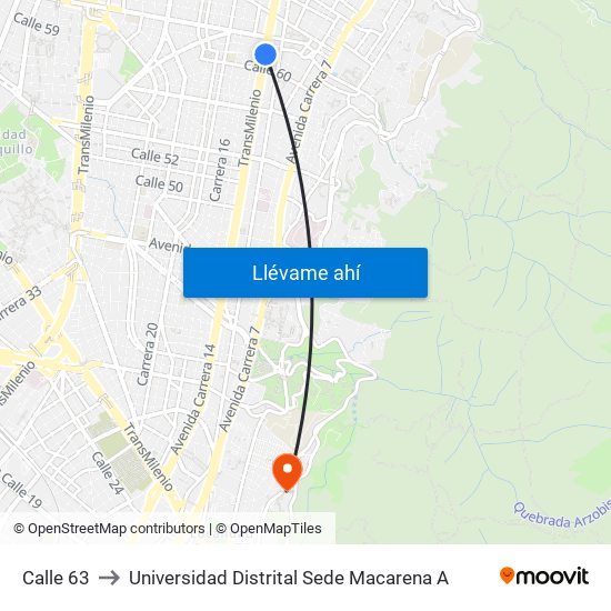 Calle 63 to Universidad Distrital Sede Macarena A map