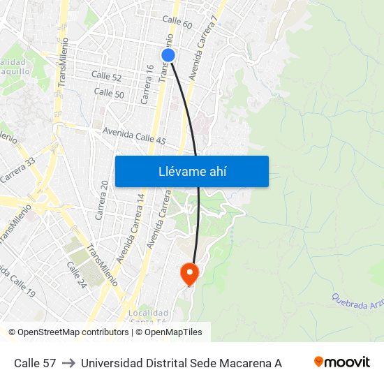 Calle 57 to Universidad Distrital Sede Macarena A map