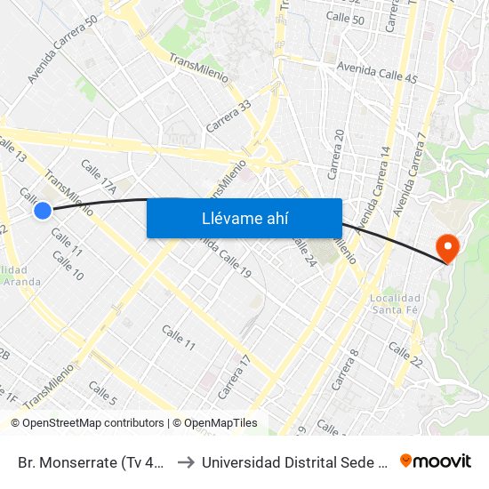 Br. Monserrate (Tv 42 - Cl 11a) to Universidad Distrital Sede Macarena A map