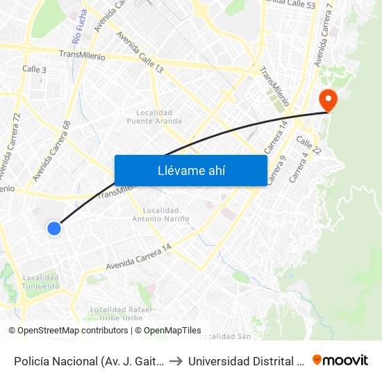 Policía Nacional (Av. J. Gaitán C. - Cl 47a Sur) (A) to Universidad Distrital Sede Macarena A map