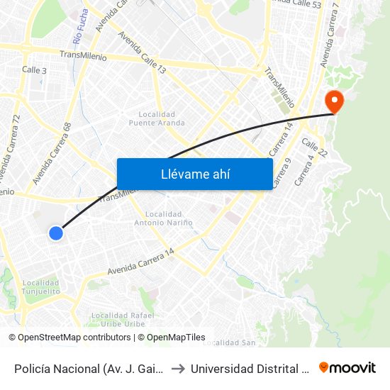 Policía Nacional (Av. J. Gaitán C. - Cl 47 Sur) (A) to Universidad Distrital Sede Macarena A map