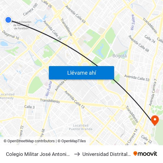 Colegio Militar José Antonio Galán (Cl 17 - Kr 103b) to Universidad Distrital Sede Macarena A map