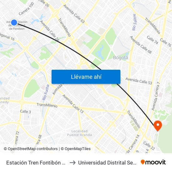 Estación Tren Fontibón (Kr 99 - Cl 20c) to Universidad Distrital Sede Macarena A map