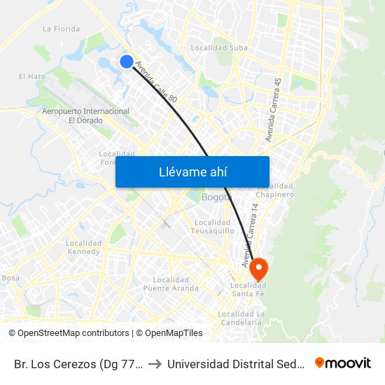 Br. Los Cerezos (Dg 77b - Kr 119a) to Universidad Distrital Sede Macarena A map