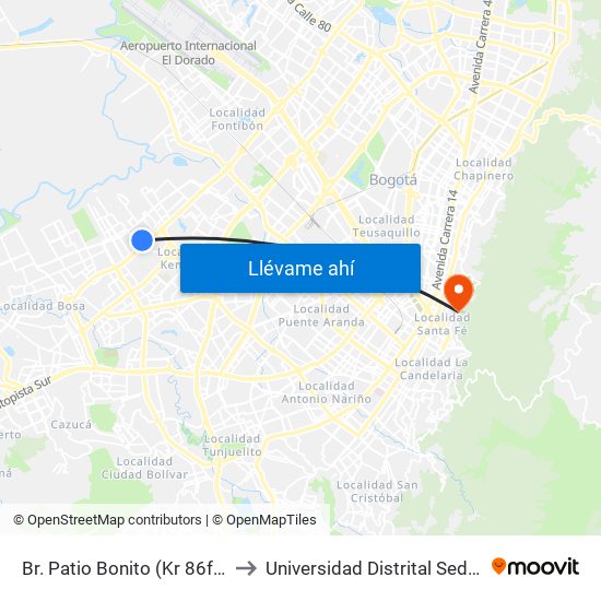 Br. Patio Bonito (Kr 86f - Cl 35b Sur) to Universidad Distrital Sede Macarena A map