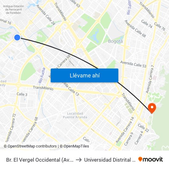 Br. El Vergel Occidental (Av. C. De Cali - Cl 15a) (A) to Universidad Distrital Sede Macarena A map