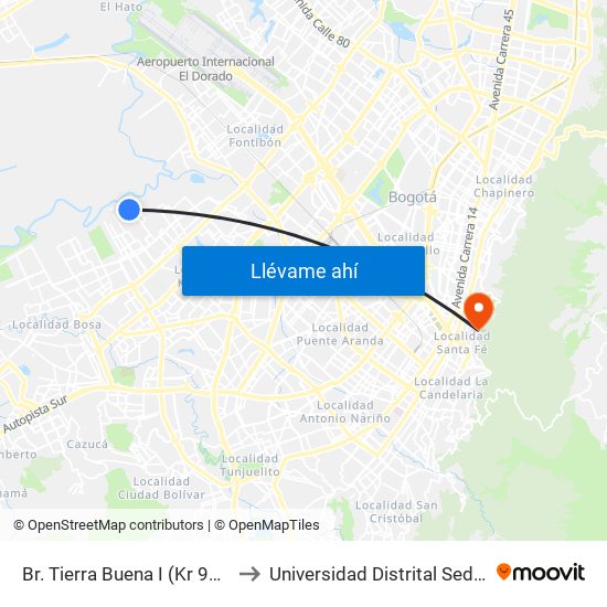 Br. Tierra Buena I (Kr 99a - Cl 26 Sur) to Universidad Distrital Sede Macarena A map