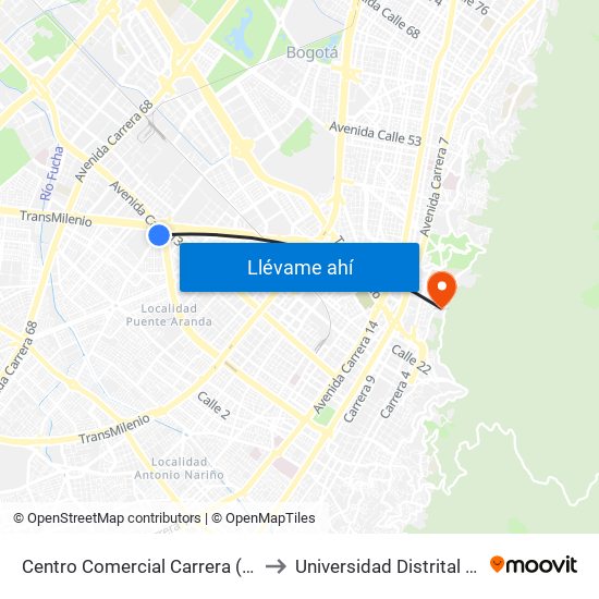 Centro Comercial Carrera (Ak 50 - Av. Américas) to Universidad Distrital Sede Macarena A map