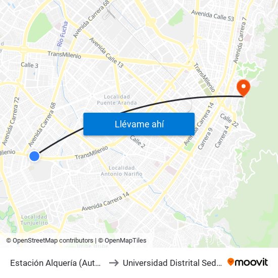 Estación Alquería (Auto Sur - Kr 51f) to Universidad Distrital Sede Macarena A map