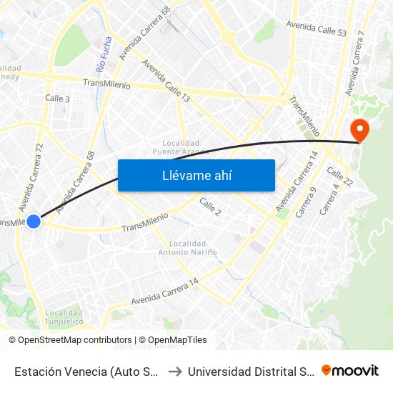 Estación Venecia (Auto Sur - Cl 44 Bis A Sur) to Universidad Distrital Sede Macarena A map