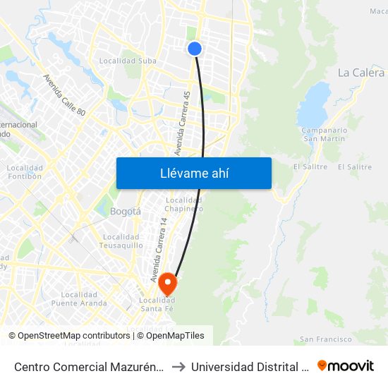 Centro Comercial Mazurén (Cl 152 - Auto Norte) to Universidad Distrital Sede Macarena A map