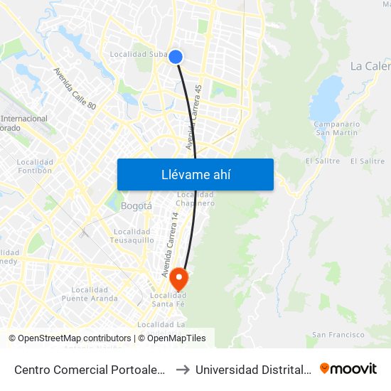 Centro Comercial Portoalegre (Av. Villas - Cl 137b) to Universidad Distrital Sede Macarena A map