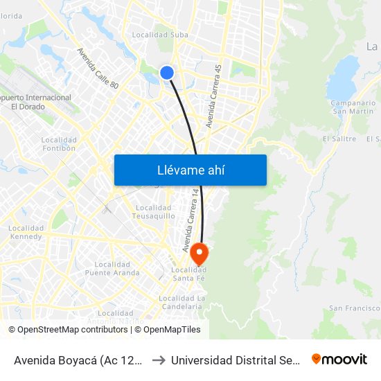 Avenida Boyacá (Ac 127 - Av. Boyacá) to Universidad Distrital Sede Macarena A map