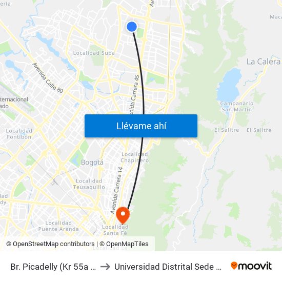 Br. Picadelly (Kr 55a - Cl 163) to Universidad Distrital Sede Macarena A map