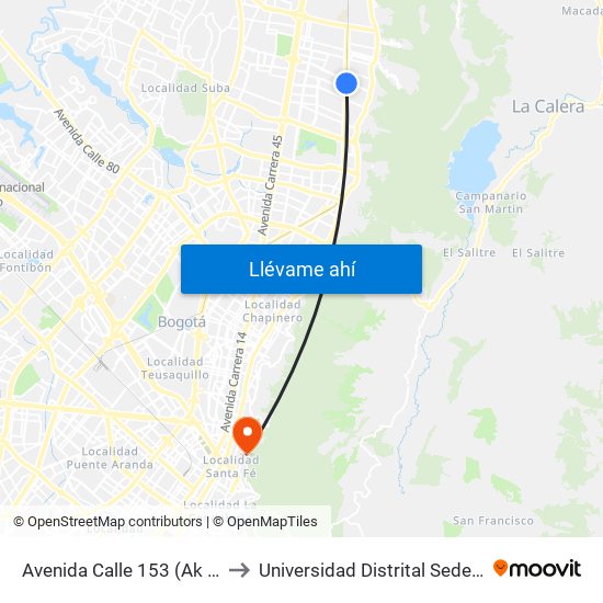 Avenida Calle 153 (Ak 9 - Ac 153) to Universidad Distrital Sede Macarena A map