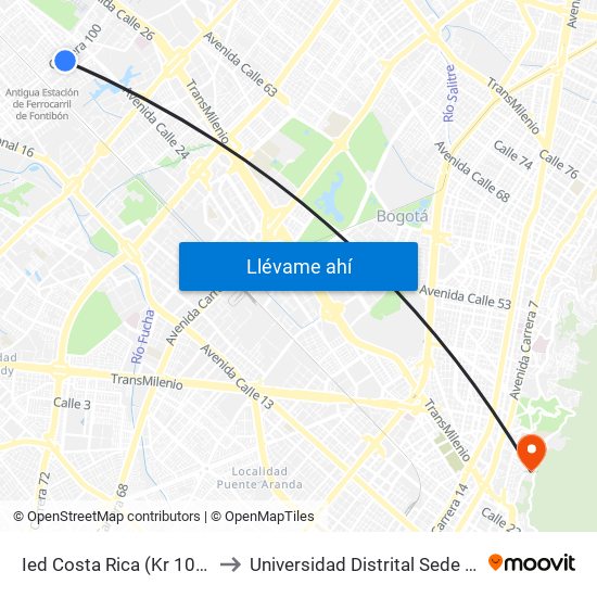 Ied Costa Rica (Kr 100 - Cl 23b) to Universidad Distrital Sede Macarena A map