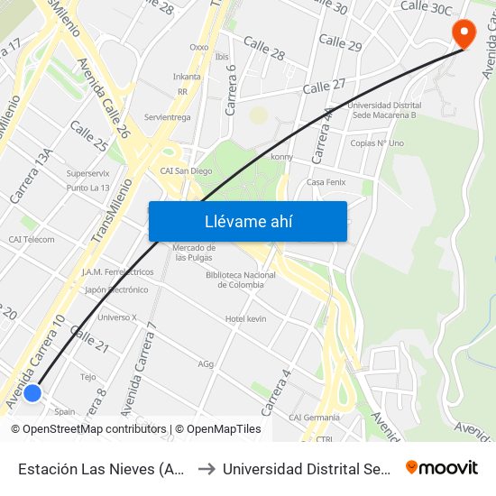 Estación Las Nieves (Ac 19 - Kr 9) (B) to Universidad Distrital Sede Macarena A map