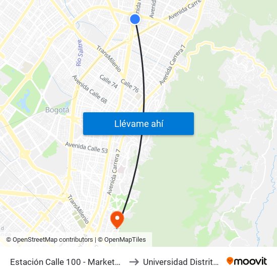 Estación Calle 100 - Marketmedios (Auto Norte - Cl 98) to Universidad Distrital Sede Macarena A map