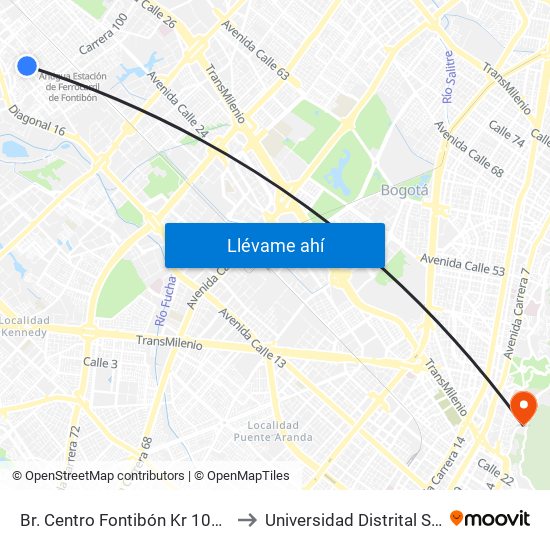 Br. Centro Fontibón Kr 104b (Cl 17 - Kr 104b) to Universidad Distrital Sede Macarena A map