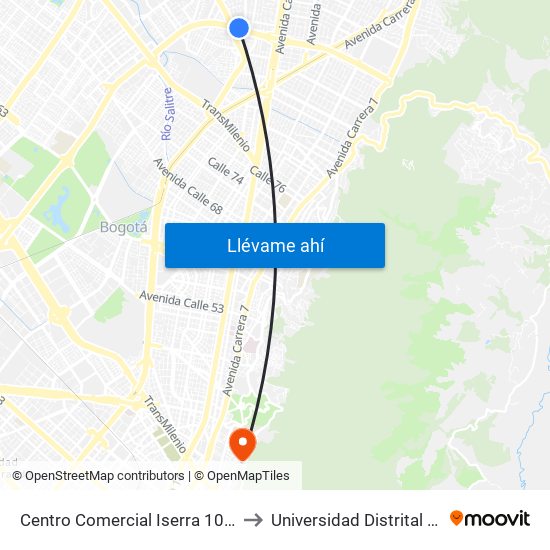 Centro Comercial Iserra 100 (Ac 100 - Tv 55) (A) to Universidad Distrital Sede Macarena A map