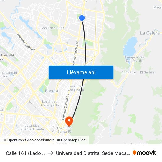 Calle 161 (Lado Sur) to Universidad Distrital Sede Macarena A map