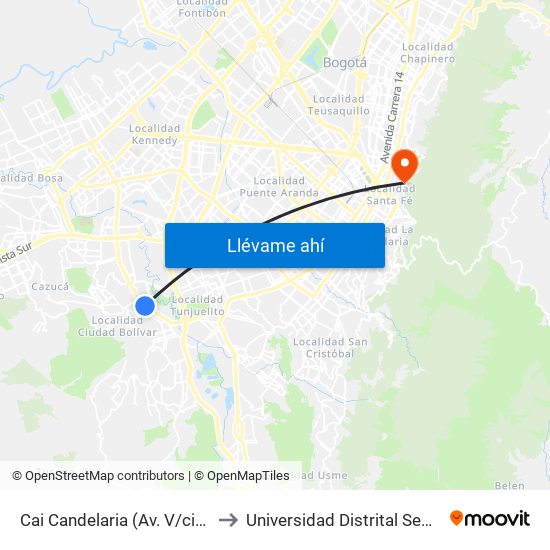 Cai Candelaria (Av. V/cio - Kr 41a) (B) to Universidad Distrital Sede Macarena A map