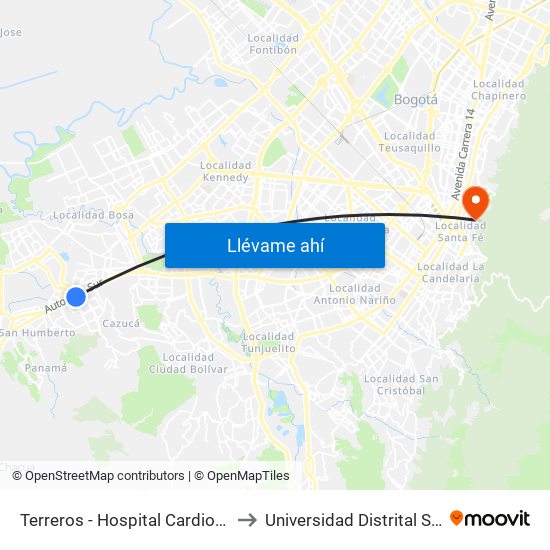 Terreros - Hospital Cardiovascular (Lado Sur) to Universidad Distrital Sede Macarena A map