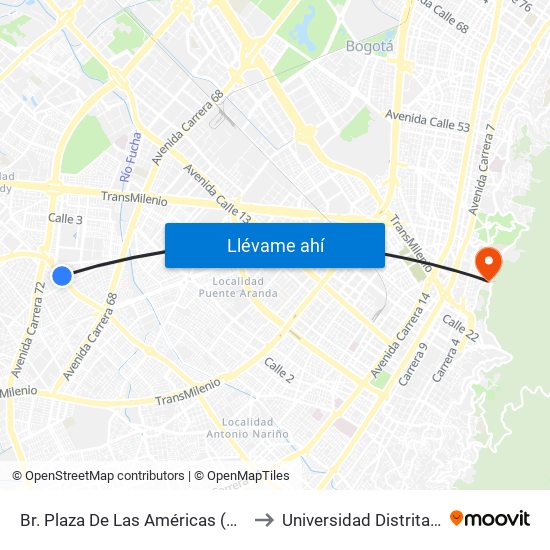 Br. Plaza De Las Américas (Av. 1 De Mayo - Kr 69c) (D) to Universidad Distrital Sede Macarena A map