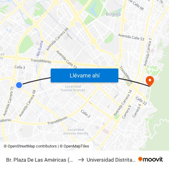 Br. Plaza De Las Américas (Av. 1 De Mayo - Kr 69c) (E) to Universidad Distrital Sede Macarena A map