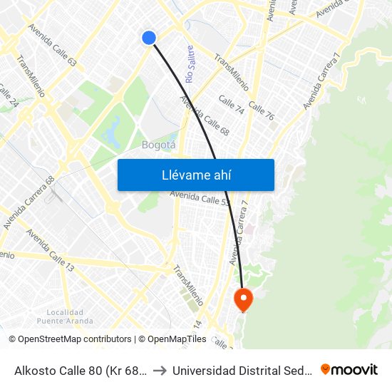 Alkosto Calle 80 (Kr 68c - Cl 73 Bis) to Universidad Distrital Sede Macarena A map