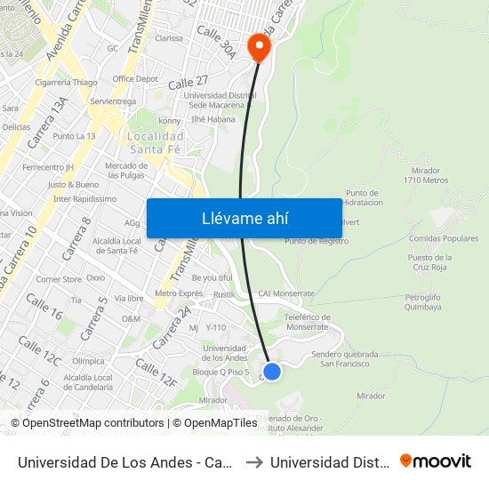 Universidad De Los Andes - Campo Deportivo (Av. Circunvalar - Cl 18) to Universidad Distrital Sede Macarena A map