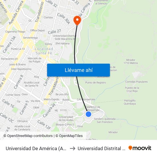 Universidad De América (Av. Circunvalar - Cl 19a) to Universidad Distrital Sede Macarena A map