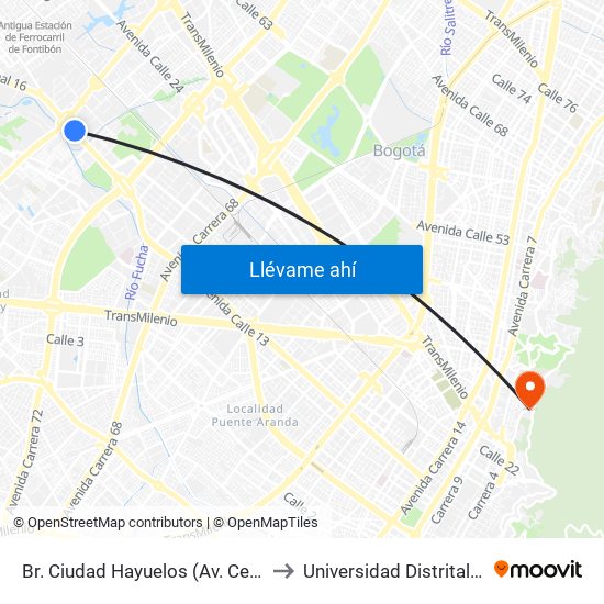 Br. Ciudad Hayuelos (Av. Centenario - Av. C. De Cali) to Universidad Distrital Sede Macarena A map