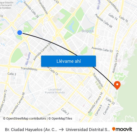 Br. Ciudad Hayuelos (Av. Centenario - Kr 78g) to Universidad Distrital Sede Macarena A map