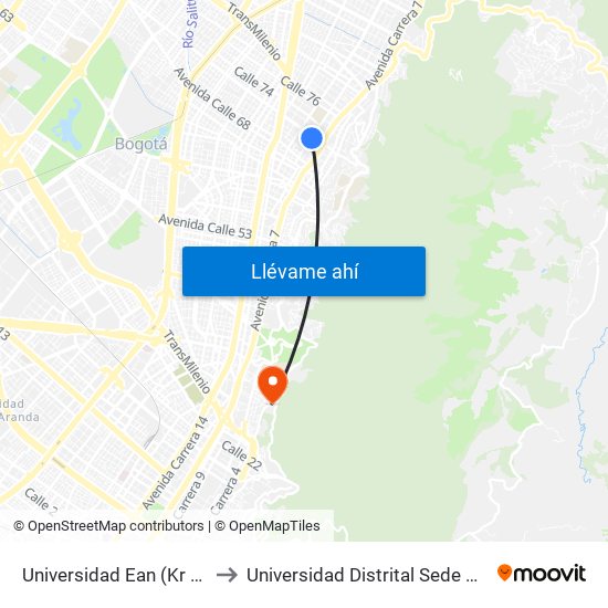 Universidad Ean (Kr 9 - Cl 71) to Universidad Distrital Sede Macarena A map