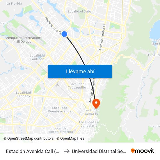 Estación Avenida Cali (Kr 85a - Ac 80) to Universidad Distrital Sede Macarena A map