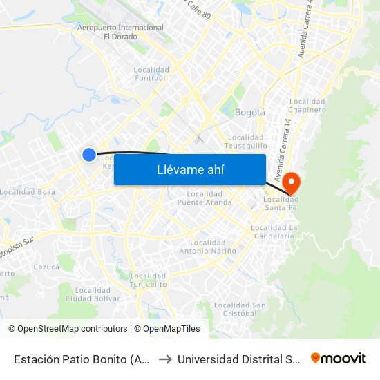 Estación Patio Bonito (Ac 38 Sur - Kr 86a) to Universidad Distrital Sede Macarena A map