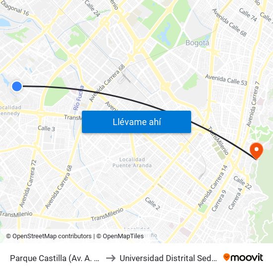 Parque Castilla (Av. A. Mejía - Cl 7c) to Universidad Distrital Sede Macarena A map