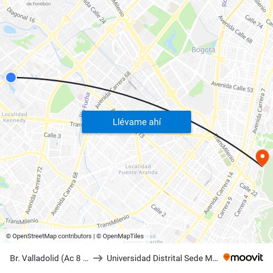 Br. Valladolid (Ac 8 - Kr 84) to Universidad Distrital Sede Macarena A map