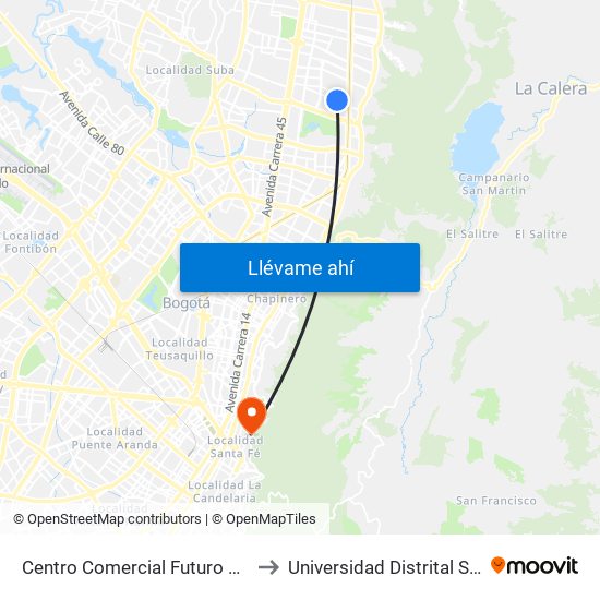 Centro Comercial Futuro 140 (Cl 140 - Kr 11) to Universidad Distrital Sede Macarena A map