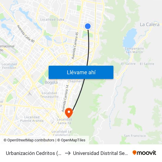 Urbanización Cedritos (Cl 140 - Kr 13) to Universidad Distrital Sede Macarena A map