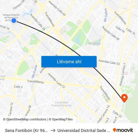 Sena Fontibón (Kr 96c - Cl 20a) to Universidad Distrital Sede Macarena A map