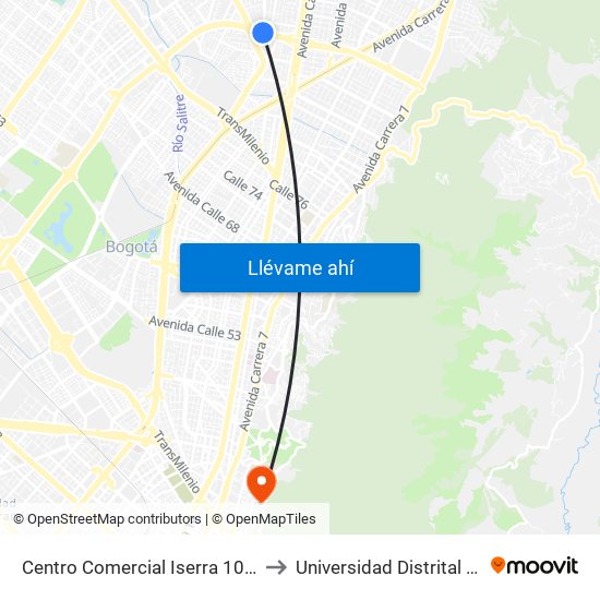 Centro Comercial Iserra 100 (Ac 100 - Kr 54) (A) to Universidad Distrital Sede Macarena A map