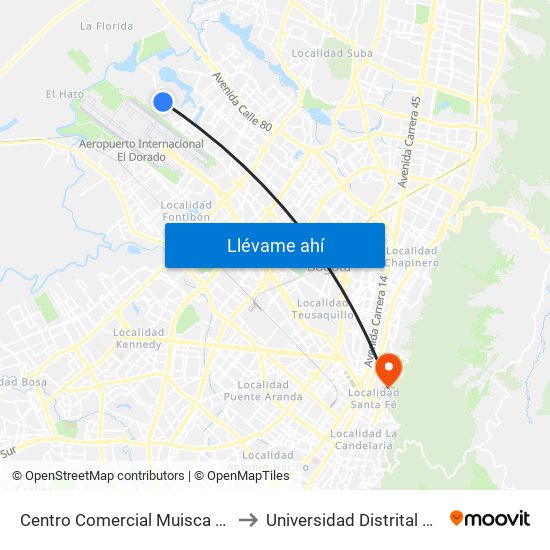 Centro Comercial Muisca (Cl 64 - Kr 118b) (A) to Universidad Distrital Sede Macarena A map