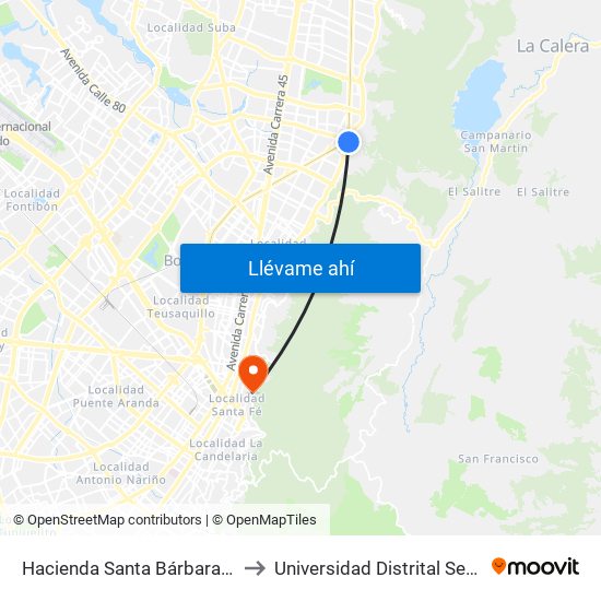 Hacienda Santa Bárbara (Ak 7 - Cl 114) to Universidad Distrital Sede Macarena A map